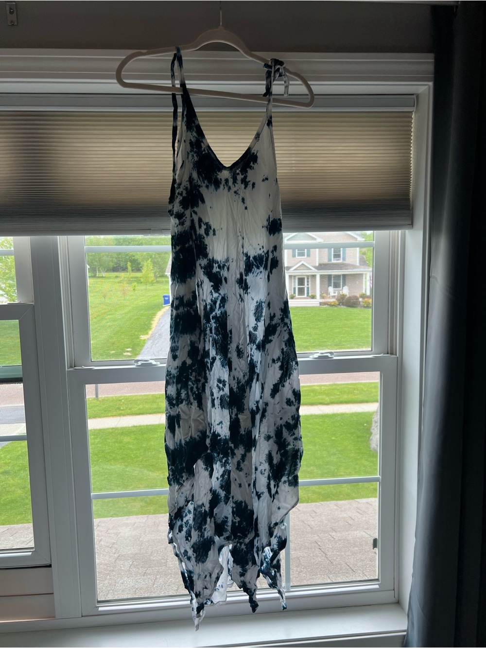 Women's Blue & White Tie-Dye Maxi Dress with Spaghetti Straps